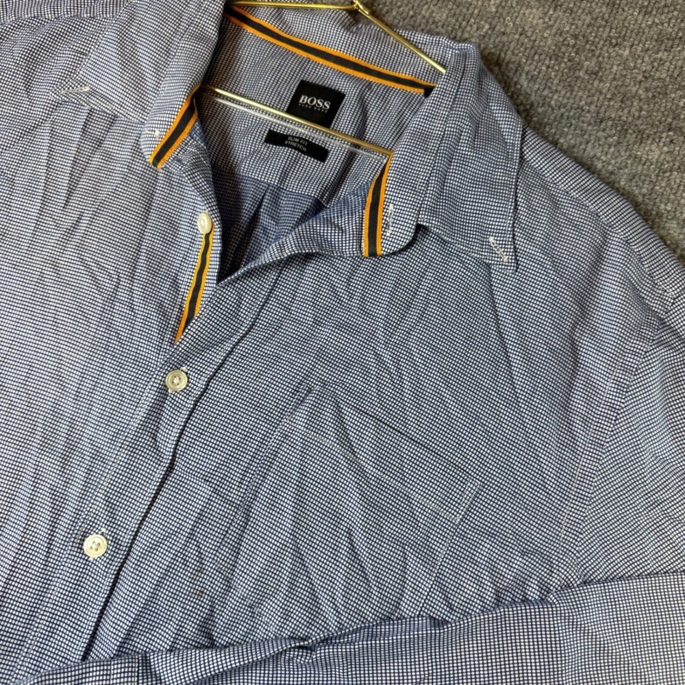 Hugo Boss Mens Slim Fit Stretch Blue Gingham Button Down Shirt Striped Trim XL